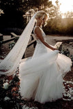 Elegant A Line V Neck Tulle Wedding Dresses With Flowers V Back Beach Wedding STAPEKH2P28