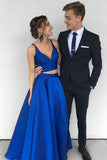 Royal Blue Two Piece A Line Floor Length Sweetheart Sleeveless Prom Dresses