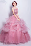 Pink Ball Gown Floor Length Scoop Neck Sleeveless Appliques Ruffles Long Prom Dresses