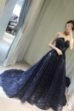Sparkle Navy Blue A Line Court Train Curve Sleeveless Starry Night Long Prom Dresses