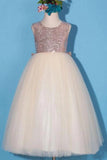 Princess Gold Sequin Shiny Round Neck Flower Girl Dresses with Bowknot, Baby Dresses STA15589