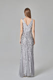 Sexy V Neck Silver Mermaid Prom Dresses Sequins Long Evening Dresses STA15368