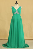 V Neck A Line Plus Size Prom Dresses Chiffon Sweep Train With Ruffles &