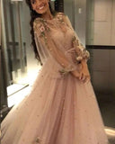 Sparkly Long Sleeves Beading Prom Dresses with Hand Made Flowers, Long Dance Dresses STA15536