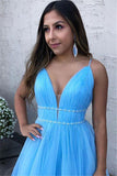 A Line Sky Blue Spaghetti Straps V Neck Tulle Prom Dresses, Cheap Evening Dresses STA15554