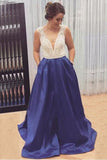 A Line V Neck Prom Dresses Satin With Beading Sweep Train Zipper