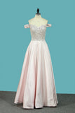 A Line Satin Off The Shoulder Prom Dresses With Beading Floor