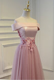 Boat Neck Tulle With Applique Prom Dresses A Line Floor