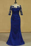 Bateau Dark Royal Blue Mother Of The Bride Dresses 3/4 Length Sleeve With Applique Satin Dark Royal Blue