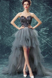 Elegant High Low Strapless Sweetheart Feathers Tulle Gray Prom Dresses with Lace STA20415