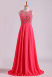 Water Melon Prom Dresses Scoop A Line Beaded Bodice Open Back Chiffon & Tulle