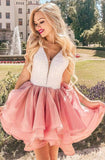 Pink V Neck Homecoming Dress With Lace Sweet A-Line V-Neck Sleeveless Short Prom Dresses