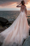 A Line Pink Long Sleeves Round Neck Tulle Wedding Dresses with Appliques, Wedding Gowns STA15012