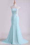 Mermaid Prom Dresses High Neck Chiffon With Applique And Beads Sweep Train