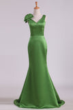 V Neck Mermaid With Bow Knot Evening Dresses Satin Sweep