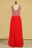 Red Plus Size V Neck Beaded Bodice Chiffon & Tulle A Line Prom