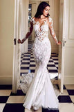 Long Sleeve See Through Mermaid Tulle Wedding Dresses Appliques Bridal