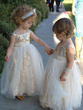 Cute Glitter A Line Gold Sequins Tulle Flower Girl Dresses, Little Girl Dresses STA15573