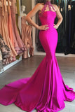 New Arrival High Neck Satin With Applique Mermaid Sweep Train Prom
