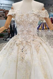 Off-The-Shoulder Ball Gown Lace Lace Up Back Royal Train Wedding Dress With