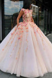 Princess Ball Gown Pink Tulle Prom Dresses with Handmade Flowers, Quinceanera STA20430
