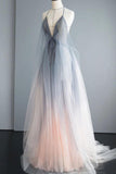 Simple Deep V Neck Ombre Tulle Halter Sleeveless Prom Dresses Backless Formal Dresses STA15391