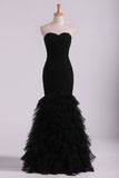 Black Sweetheart Ruffled Bodice Evening Dresses Tulle Floor Length Mermaid