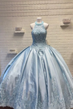 Halter Neckline Rhinestone And Crystal Beaded Quinceañera Dress Satin Ball Gown Prom