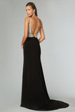 Full Beaded Tulle Bodice Backless Sexy Prom Dress Court Train Black