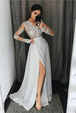 V Neck Long Sleeves Prom Dresses A Line With Applique And