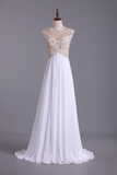 Scoop Neckline Off The Shoulder Prom Dresses White Floor Length Chiffon With Gold