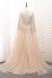 Shiny A Line Prom Dresses Scoop Tulle With Beading & Rhinestones