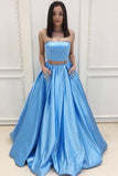 Simple Sweep Train Blue Two Piece With Pocket Satin Strapless Prom Dresses