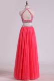 Two Pieces Halter Prom Dresses A Line Tulle With Beading Floor
