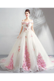 Unique Off The Shoulder Tulle Wedding Dress With Pink Flowers Ball Gown Wedding STAPQ4NB2CL