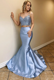 Two Piece Satin Prom Dresses With Lace Spaghetti Straps Mermaid Long Party STAPLPBLEY2