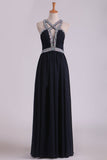 Sexy Open Back A Line Prom Dresses Chiffon With Beads And