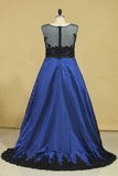 Plus Size Asymmetrical Bateau Prom Dresses Taffeta With Applique And Sash Sweep Train Dark Royal Blue