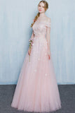 Pink A Line Floor Length Off Shoulder Appliques Beading Long Prom Dresses