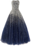 Navy Blue Floor Length A Line Sweetheart Sleeveless Starry Night Long Prom Dresses