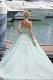 Mint Green Sleeveless Appliques Ball Gown Court Train Beading Long Prom Dresses