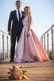 A Line Deep V Neck Beaded Bodice Blush Pink Prom Dresses, Evening Dresses STA15487
