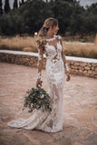 Mermaid Lace Appliques Long Sleeve See-Though Tulle Wedding Dresses Beach Wedding STAPBSR61G8
