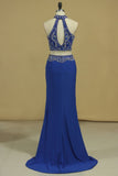 Two Pieces High Neck Beaded Bodice Spandex Prom Dresses Dark Royal