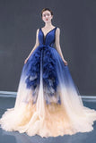 Ball Gown Ombre V Neck Tulle Royal Blue Long Prom Dresses, Quinceanera Dresses STA15067