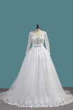 A Line Long Sleeves Tulle Wedding Dresses With Applique And