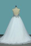 A Line Spaghetti Straps Wedding Dresses Tulle With Beads Open