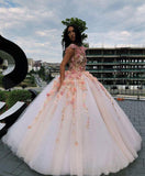 Princess Ball Gown Pink Tulle Prom Dresses with Handmade Flowers, Quinceanera STA15658