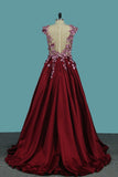 Satin Scoop A Line Prom Dresses With Applique And Handmade Flower