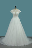 Tulle A Line Scoop Short Sleeve Wedding Dresses With Applique And Beads
